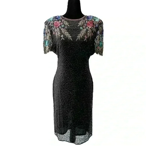 SCALA Sequin Beaded Cocktail Evening Dress Black Multi Colour Open  Back Medium - Picture 15 of 15